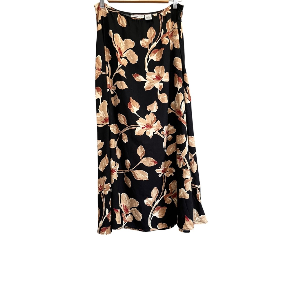 Croft & Barrow Skirt Womens 8 Black Floral Excellent Rayon Midi A-Line Side Zip